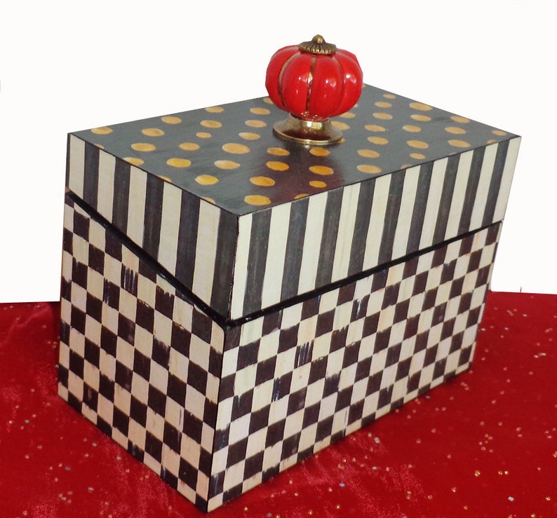 Recipe Box Black and White Checkerboard and Striped. Topped with a ceramic Red knob. Whimsical, Decor, Black & White, image 1