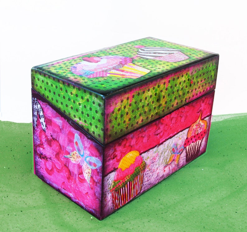 Recipe Box Personalized Wooden Hot Pink and Lime Green Cupcake Craze Anniversary, wedding, housewarming, newlywed, gift for her image 2