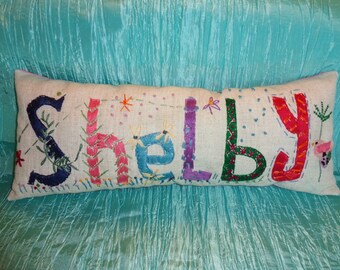 Decorative Personalized Embroidered Freehand Name Pillow Girl and Boy, Girls Room, Wild pattern, cotton embroidery