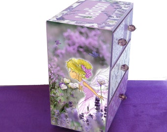 Personalized Girls Wood Jewelry Box Lavender Brunette or Blonde