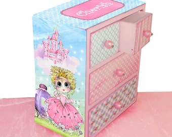 Boîte à bijoux fille grands yeux blonds princesse à personnaliser rose bleu violet