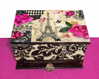 Jewelry Box Paris  Personalized 3 tiers with mirror & drawers.  5 partitions in the front opening.  Unique, Stamps, Roses, Red Pink