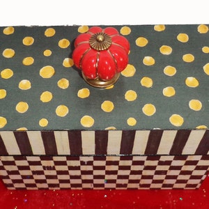 Recipe Box Black and White Checkerboard and Striped. Topped with a ceramic Red knob. Whimsical, Decor, Black & White, image 3