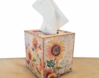 Boîte à mouchoirs en bois en forme de tournesol, personnalisée avec votre initiale sur une face. Décoration d'intérieur, motif floral.