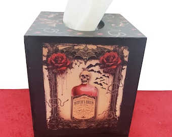 Boîte à mouchoirs en bois gothique pour Halloween : chauves-souris, serpents, potions, roses dégoulinantes, squelettes, sorcières, effrayant, crâne, mystique, céleste, occulte.