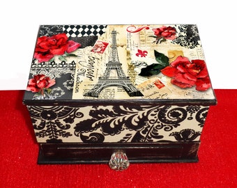Personalized Paris Jewelry Box, Vintage Decoupage 3-Tier Organizer, Roses, Pink