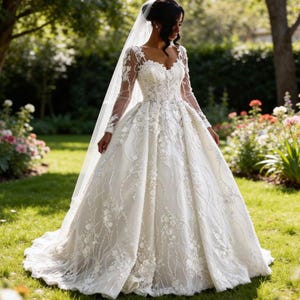 Lace Ball Gown Wedding Dress, Long Sleeve Floral Bridal Gown, Romantic Princess Wedding Dress