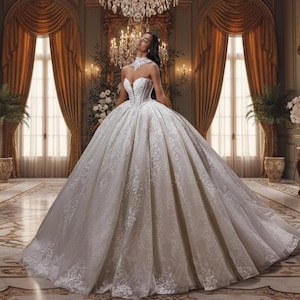 Luxury Ball Gown Wedding Dress – Elegant Off-Shoulder Bridal Gown with Sparkling Lace and Long Cathedral Train