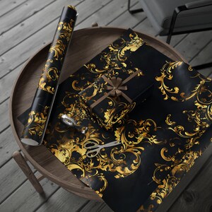 Intricate Gold and Black Wrapping Papers, Elegant Holiday Present Decor, Festive Gift Packaging, Luxury Christmas Gift Wrap