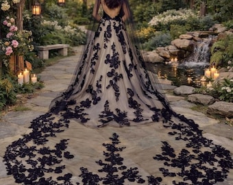 Schwarzer Spitze Schleier Spitze, Brautschleier mit Blumen Applikation, Gothic Brautschleier, langer dramatischer Schleier mit Spitzen Schleppe, Alternative Braut