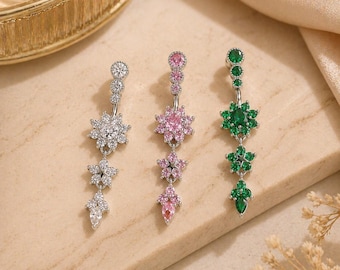 Elegant Floral Belly Button Ring – Silver / Pink / Emerald Green Navel Jewelry – Dangle Flower Belly Piercing