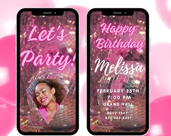 Digital Pink Photo Birthday Invitation, Instant Download, Electronic Phone Invite, Party Invitation, Evite, Editable Template, Pink Silver