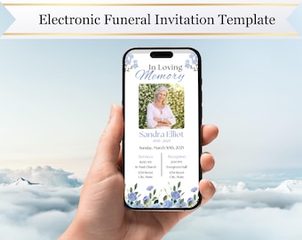 Digital Funeral Invitation, Celebration of Life, Invitation Template, In Loving Memory, Digital Invitation, In Memory Of, Blue White, Flower