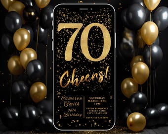 Digital 70th Birthday Invitation, Instant Download, Electronic Phone Invite, Party Invitation, 70th Evite, Editable Template, Gold Cheers