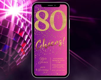 Digital 80th Birthday Invitation, Instant Download, Electronic Phone Invite, Party Invitation, 80th Evite, Editable Template, Pink, Cheers