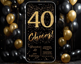 Digital 40th Birthday Invitation, Instant Download, Electronic Phone Invite, Party Invitation, 40th Evite, Editable Template, Gold Cheers