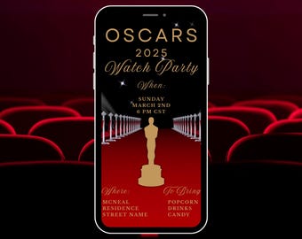 Digital Oscar Watch Party Video Invitation, Electronic Phone Evite, Editable Template, Instant Download, Red Carpet, Black, Red, Oscars