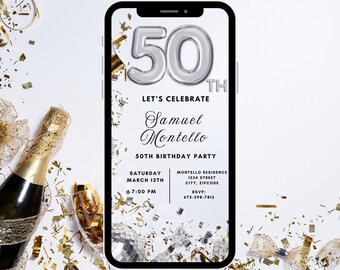 Digital 50th Birthday Invitation, Instant Download, Electronic Phone Invite, Party Invitation, 50th Evite, Editable Template, Silver, White