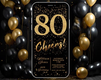 Digital 80th Birthday Invitation, Instant Download, Electronic Phone Invite, Party Invitation, 80th Evite, Editable Template, Gold Cheers