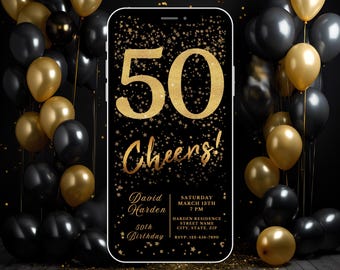 Digital 50th Birthday Invitation, Instant Download, Electronic Phone Invite, Party Invitation, 50th Evite, Editable Template, Gold Cheers