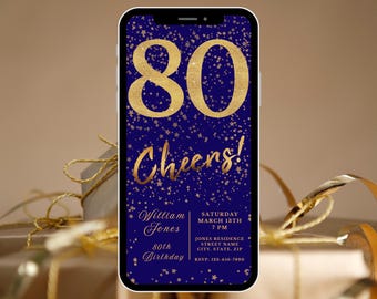 Digital 80th Birthday Invitation, Instant Download, Electronic Phone Invite, Party Invitation, 80th Evite, Editable Template, Navy, Cheers