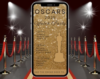 Digital Oscar Watch Party Invitation, Electronic Phone Evite, Editable Template, Instant Download, Gold Glitter, Black, Red Carpet, Oscars