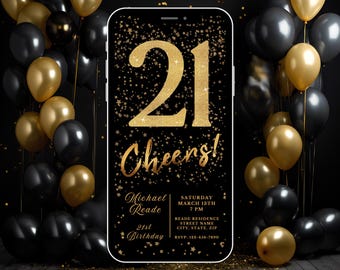 Digital 21st Birthday Invitation, Instant Download, Electronic Phone Invite, Party Invitation, Evite, Editable Template, Gold Cheers
