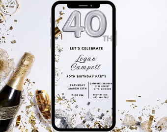 Digital 40th Birthday Invitation, Instant Download, Electronic Phone Invite, Party Invitation, 40th Evite, Editable Template, Silver White