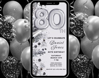 Digital 80th Birthday Invitation, Instant Download, Electronic Phone Invite, Party Invitation, 80th Evite, Editable Template, Silver White