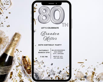 Digital 80th Birthday Invitation, Instant Download, Electronic Phone Invite, Party Invitation, 80th Evite, Editable Template, Silver, White