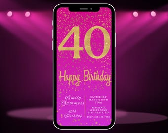 Digital 40th Birthday Invitation, Instant Download, Electronic Phone Invite, Party Invitation, 40th Evite, Editable Template, Pink, Gold