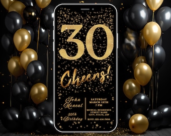 Digital 30th Birthday Invitation, Instant Download, Electronic Phone Invite, Party Invitation, 30th Evite, Editable Template, Cheers, Evite