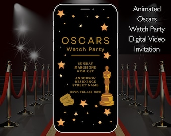 Digital Oscar Watch Party Animated Video Invitation, Electronic Phone Evite, Editable Template, Instant Download, Black, Gold, Oscars