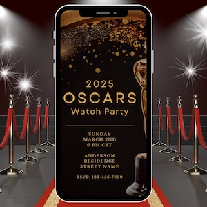Digital Oscar Watch Party Invitation RSVP, Electronic Phone Evite, Editable Template, Instant Download, Gold Glitter, Black, Oscars