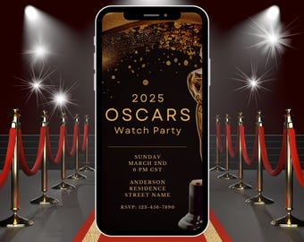 Digital Oscar Watch Party Invitation RSVP, Electronic Phone Evite, Editable Template, Instant Download, Gold Glitter, Black, Oscars