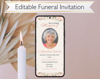 Digital Funeral Invitation, Celebration of Life, Invitation Template, In Loving Memory, Digital Invitation, Floral Pink, In Memory Of