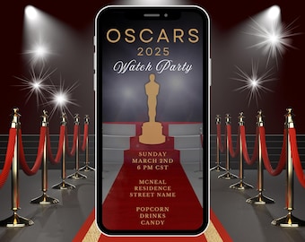 Digital Red Carpet Oscar Watch Party Invitation, Electronic Phone Evite, Editable Template, Instant Download, Black, Red Carpet, Gold Oscars