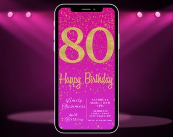 Digital 80th Birthday Invitation, Instant Download, Electronic Phone Invite, Party Invitation, 80th Evite, Editable Template, Pink, Gold
