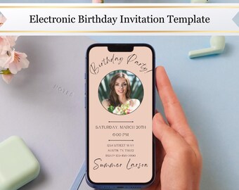 Digital Photo Birthday Invitation, Party Invitation, Modern, Electronic Phone Evite, Editable Template, Instant Download, Pink White