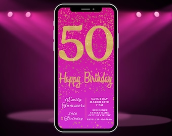 Digital 50th Birthday Invitation, Instant Download, Electronic Phone Invite, Party Invitation, 50th Evite, Editable Template, Pink, Gold
