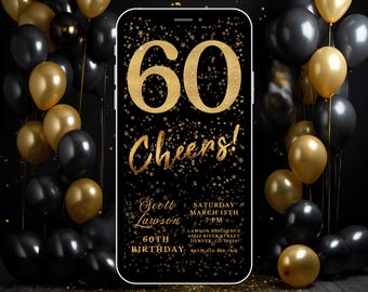 Digital 60th Birthday Invitation, Instant Download, Electronic Phone Invite, Party Invitation, 60th Evite, Editable Template, Gold Cheers