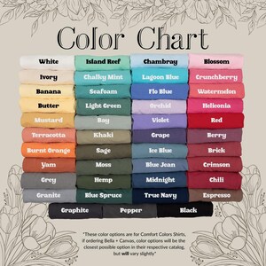 Puede incluir: Una carta de colores muestra una variedad de colores de tela, incluyendo blanco, marfil y pl&aacute;tano, as&iacute; como tonos de azul, verde y rojo. La carta incluye el texto "Color Chart" en la parte superior y una nota en la parte inferior sobre las opciones de color.