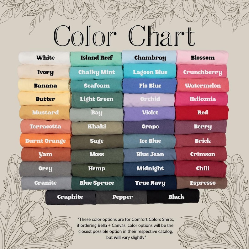 Puede incluir: Una carta de colores muestra una variedad de colores de tela, incluyendo blanco, marfil y pl&aacute;tano, as&iacute; como tonos de azul, verde y rojo. La carta incluye el texto "Color Chart" en la parte superior y una nota en la parte inferior sobre las opciones de color.