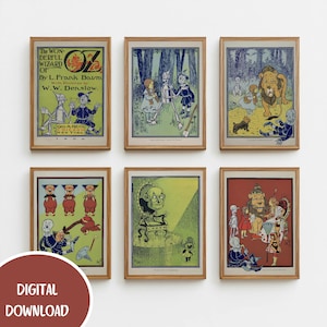 May include: A collection of six framed vintage illustrations from "The Wonderful Wizard of Oz" by L. Frank Baum. The illustrations feature characters like the Tin Man, Scarecrow, and Lion, with text and colorful artwork in each frame. The bottom left corner has a digital download graphic.