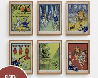 May include: A collection of six framed vintage illustrations from "The Wonderful Wizard of Oz" by L. Frank Baum. The illustrations feature characters like the Tin Man, Scarecrow, and Lion, with text and colorful artwork in each frame. The bottom left corner has a digital download graphic.