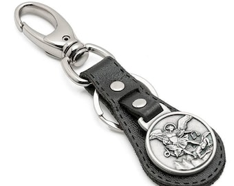 Saint Michael Keychain – Black Leather & Metal Car Key Ring, Catholic Gift of Protection