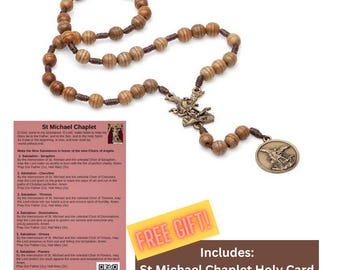 San Miguel Arcángel Coronilla, Wood Beads, Catholic Gift