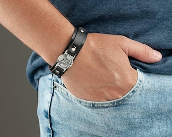 St. Michael Black Leather Bracelet | Men's Catholic Jewelry