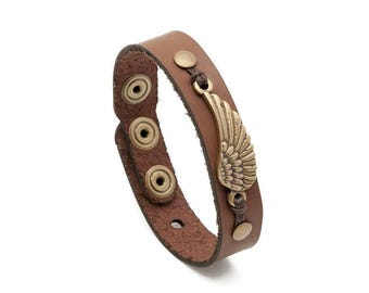 Leather St. Saint Michael Wings Bracelet | Angel's Wing | Light Brown Leather | Lent Season
