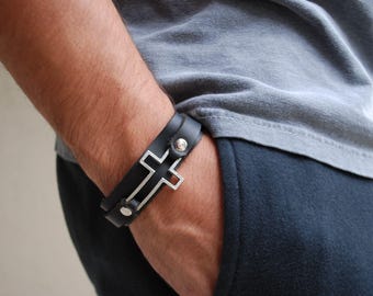 Men's Black Leather Cross Bracelet | Adjustable Catholic Jewelry
